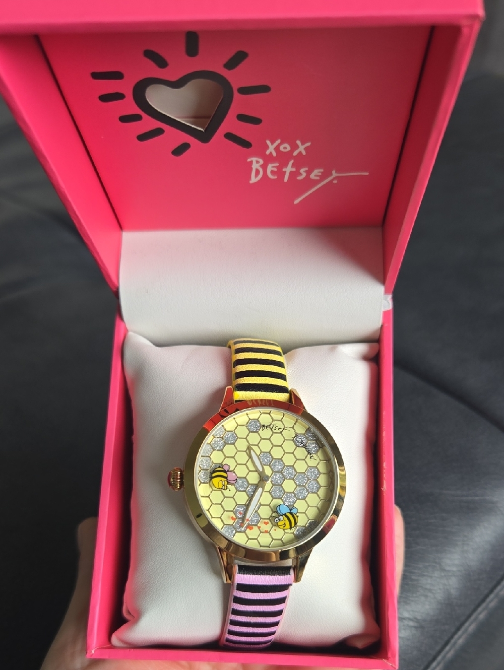 Betsey Johnson Yellow Honeycomb Bee Watch with Pink & Yellow Black Striped Strap